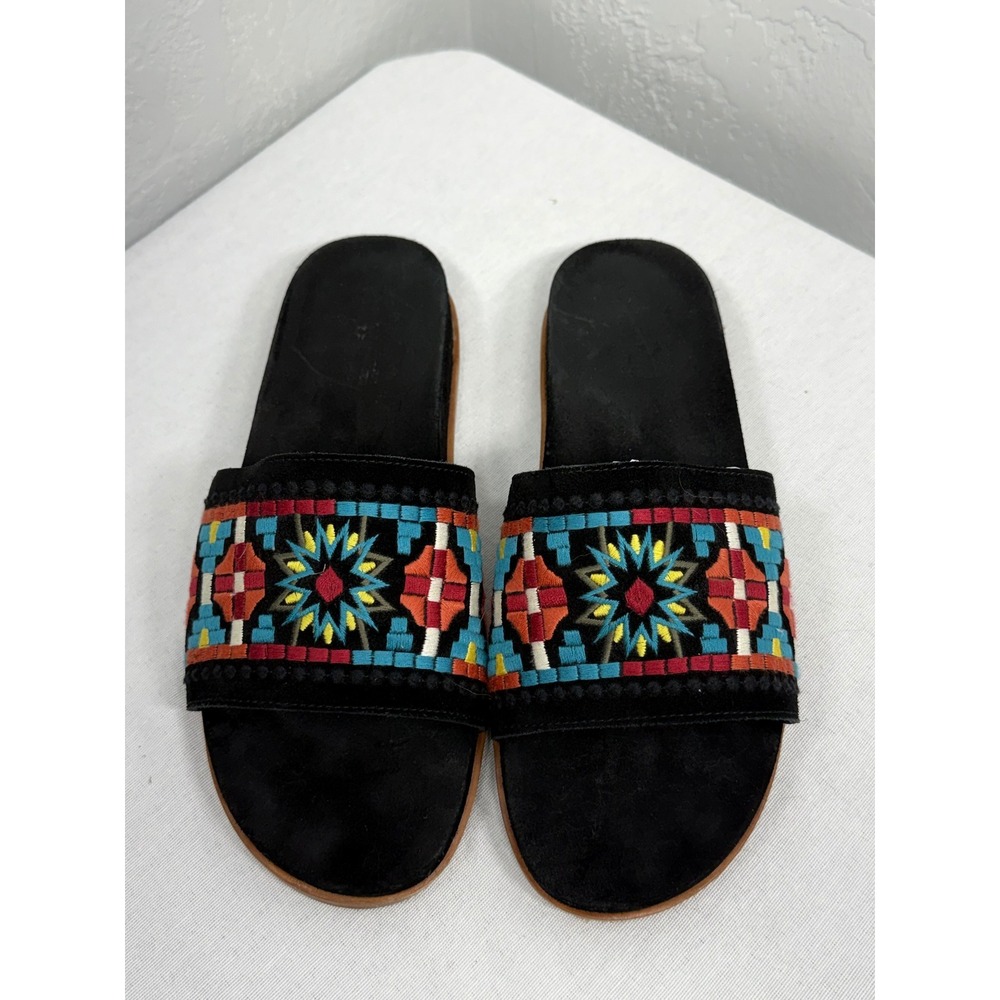 Johnny Was Womens Embroidered Flat Slide Black Leather Geometric Sandals Size 9M
